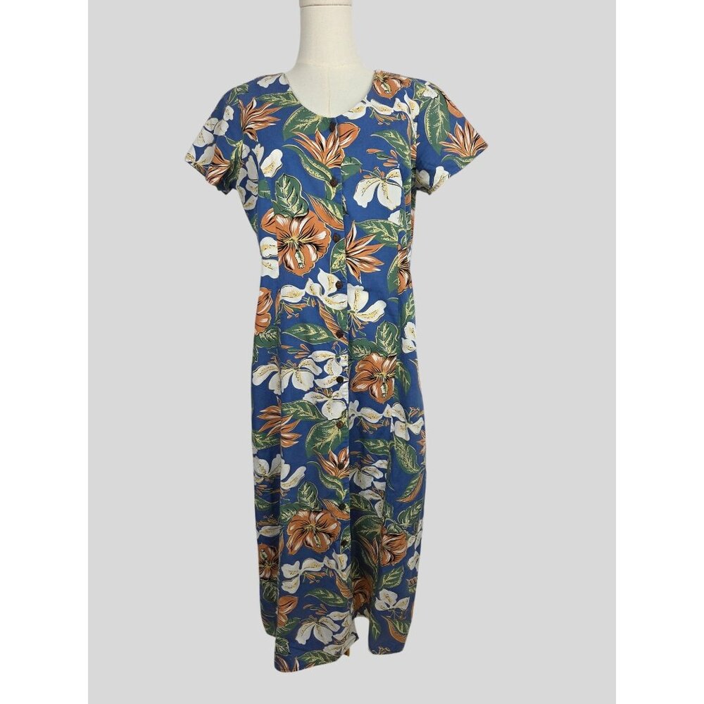 Vtg Hilo Hattie Hawaiian Dress M Blue Hibiscus Floral Rayon Midi Muumuu Tropical - Picture 2 of 10